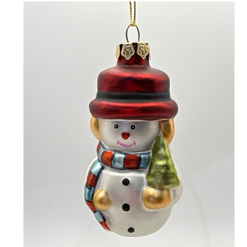 Vintage Mercury Glass Snowman Christmas Ornament Red Top Hat Scarf Retro